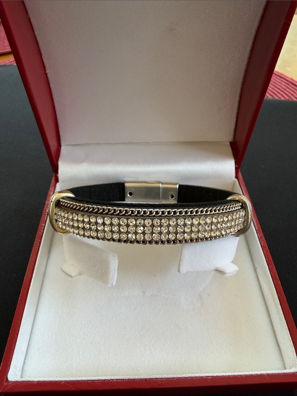Crystal Accent Black/Brown Leather Bracelet with Silver Trim! EUC!